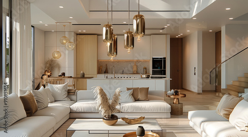 Frontal view of living room with gold pendant lights above the living room, open concept home interior design of a modern living room in the house. Generative AI. photo