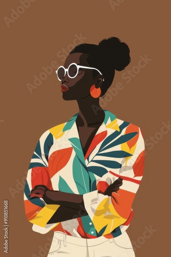 Minimalism illustration, portrait of an African-American woman, wearing a colorful boho blouse with a pair of oversized sunglasses, standing with arms crossed, flat illustration