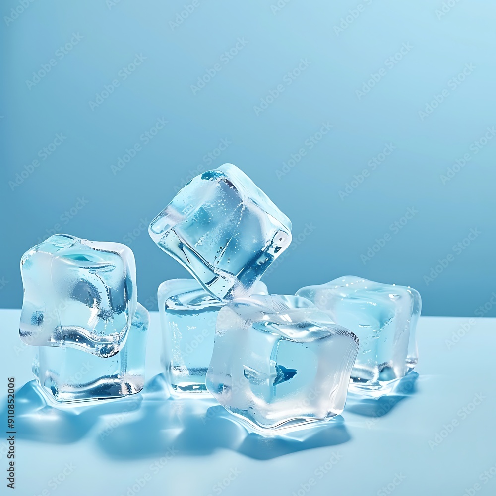 Transparent ice cubes isolated on a light blue background Transparent ice cubes isolated on a light blue background