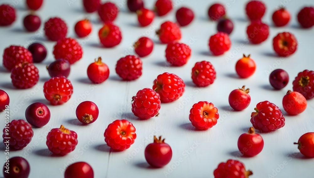 Background close-up image of red berries scattered on a white background. The red berries are plump and juicy, with a soft, velvety texture. Background close-up image of red berries scattered on a white background. The red berries are plump and juicy, with a soft, velvety texture.
