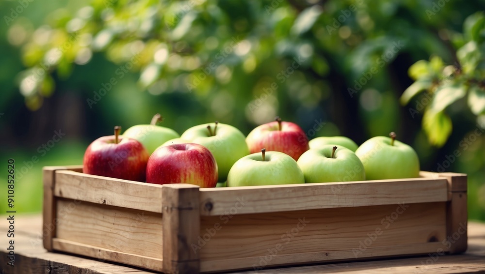 Closeup freshly picked apples in a wooden box on the wooden table on a blurred green garden background. Closeup freshly picked apples in a wooden box on the wooden table on a blurred green garden background.