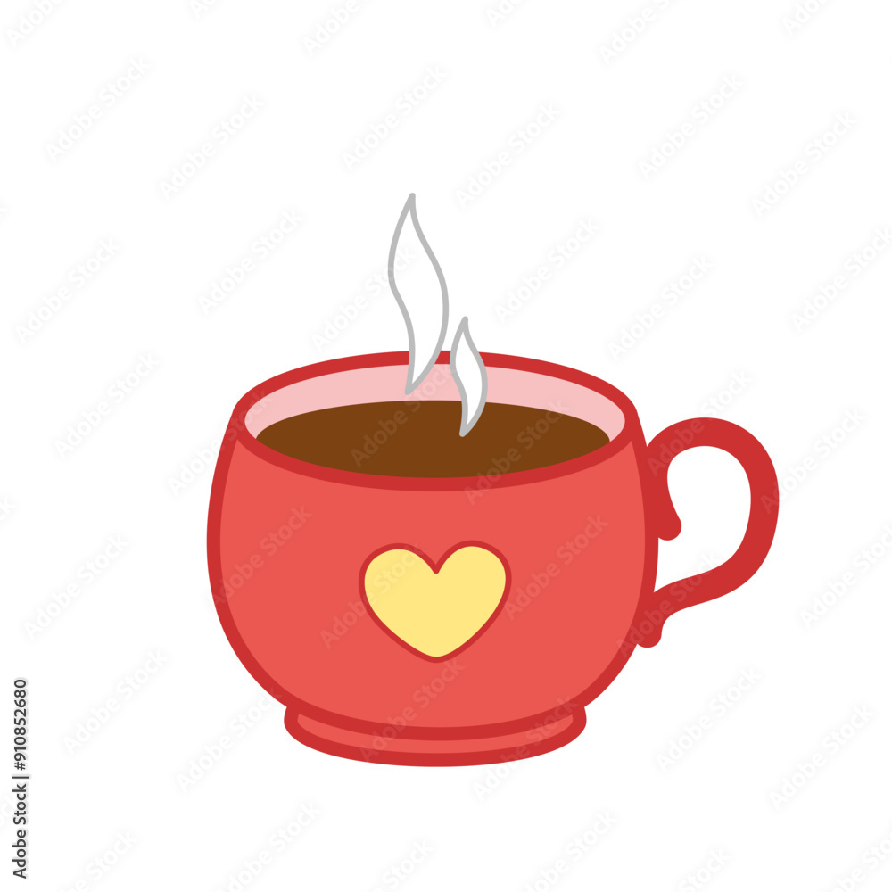 Red cup with hot coffee. Red cup with smoke and heart. Cartoon, vector Red cup with hot coffee. Red cup with smoke and heart. Cartoon, vector