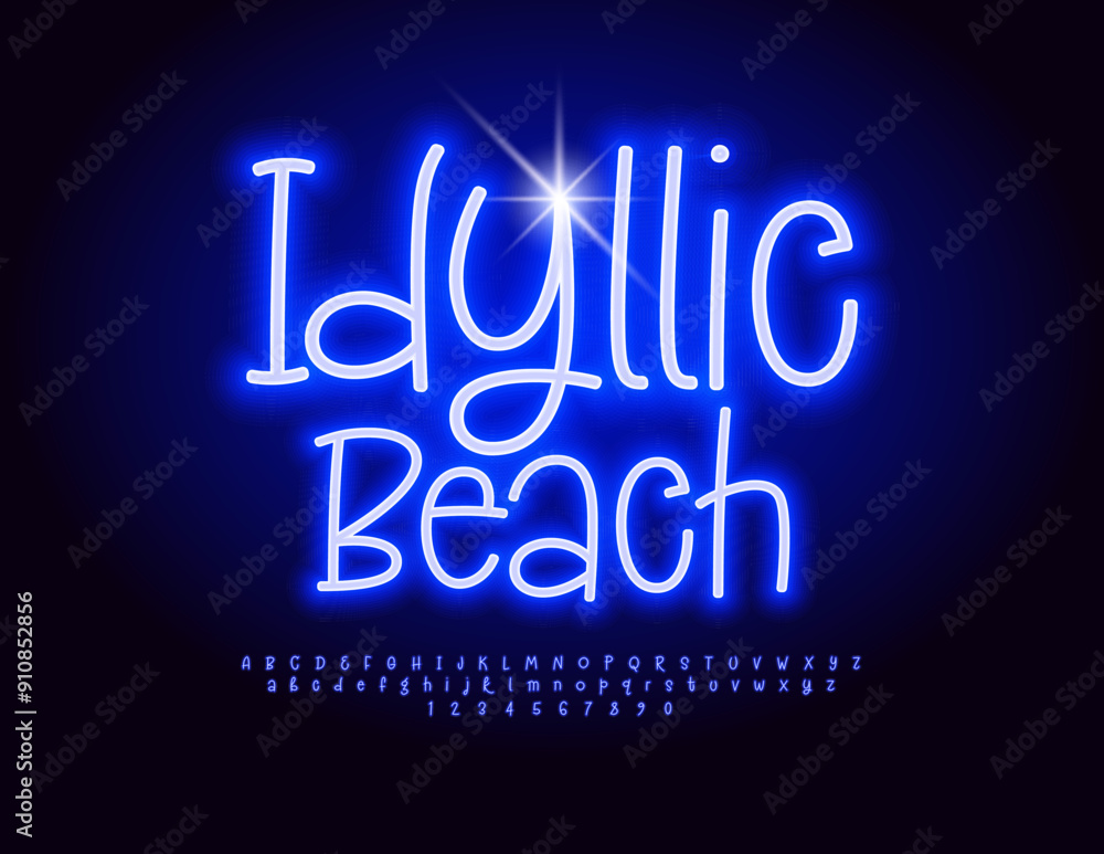 Vector Neon banner Idyllic Beach. Electric Blue Font. Bright Glowing Alphabet Letters and Numbers set. Vector Neon banner Idyllic Beach. Electric Blue Font. Bright Glowing Alphabet Letters and Numbers set.