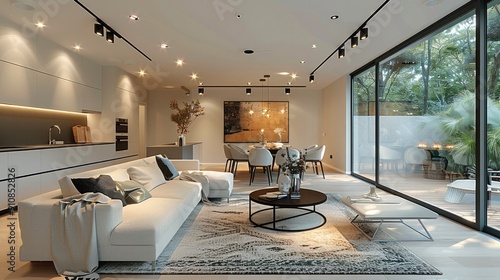 The black track lights are connected to the dining room in a bright and clean living room. Generative AI.