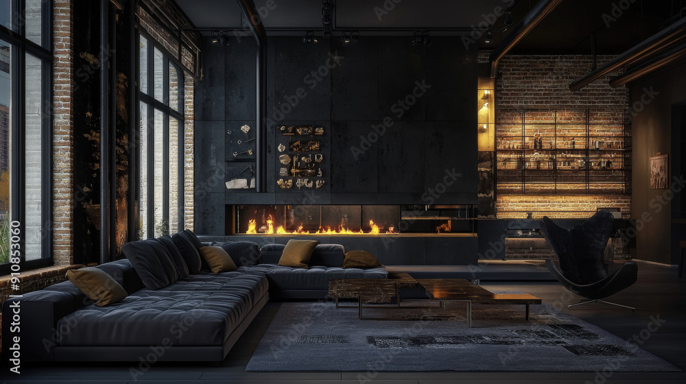 Obraz premium A modern living room with a dark color scheme and a fireplace. It has an industrial style with exposed brick walls and metal accents.