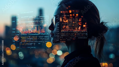 A silhouette of a woman with digital data overlay, representing innovation and technology in a modern urban setting.