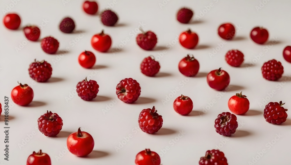 Background close-up image of red berries scattered on a white background. The red berries are plump and juicy, with a soft, velvety texture. Background close-up image of red berries scattered on a white background. The red berries are plump and juicy, with a soft, velvety texture.