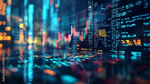 Vibrant digital financial data visualization with graphs and numbers representing market trends and analytics in a modern setting.