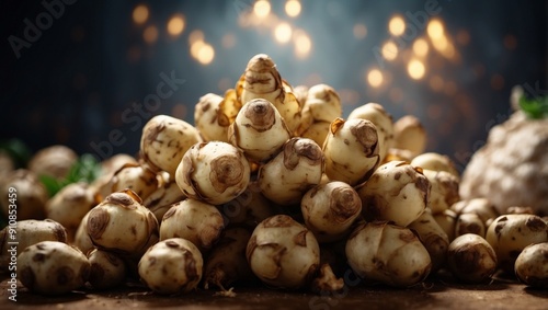 Jerusalem Artichokes Star in Gourmet Recipes Nutritious Brown and Nutty Root Vegetables Highlighted in Double Exposure Silhouette. photo