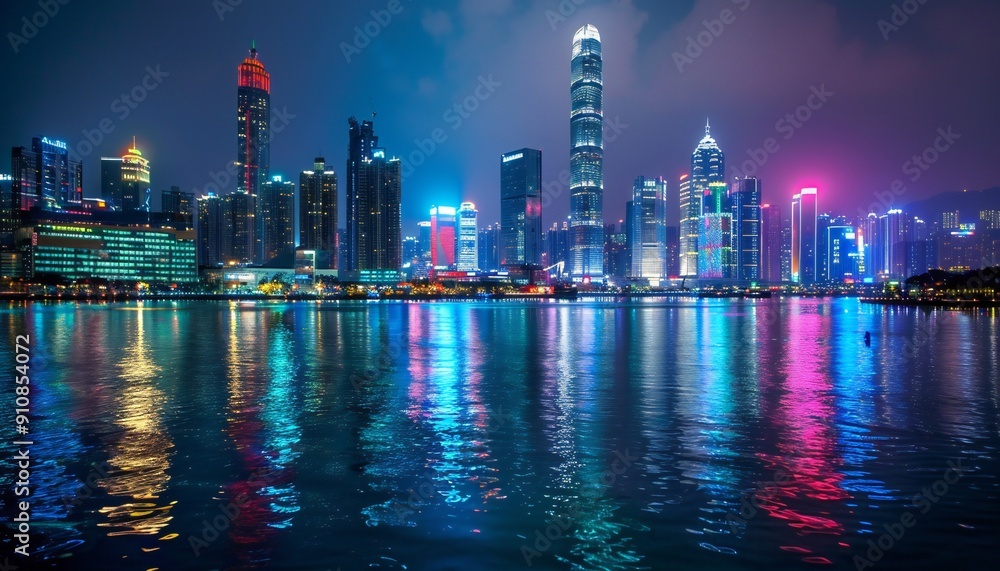 Fototapeta premium The night cityscape illuminated by multi-colored lights is reflected in the water