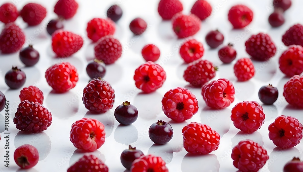 Background close-up image of red berries scattered on a white background. The red berries are plump and juicy, with a soft, velvety texture. Background close-up image of red berries scattered on a white background. The red berries are plump and juicy, with a soft, velvety texture.