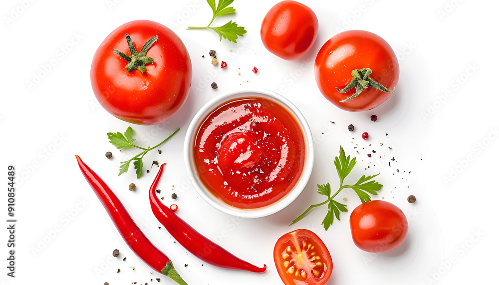 Red tomato sauce or ketchup isolated on white background. Top view. Flat lay Red tomato sauce or ketchup isolated on white background. Top view. Flat lay