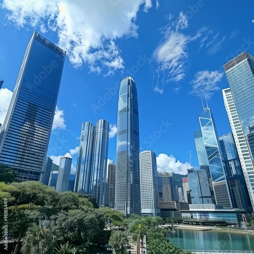 High-rise buildings cityscape in metropolis city center . Downtown business district in panoramic view .