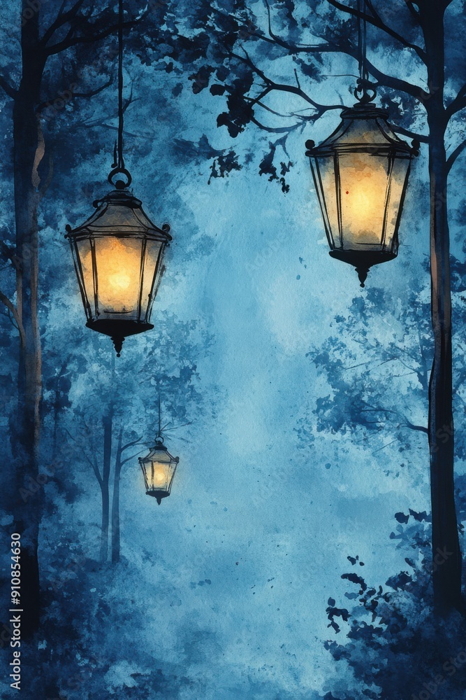 Watercolor eerie lanterns hanging in the trees on one side, with copy space on the other side, vintage twilight blue watercolor splash background Watercolor eerie lanterns hanging in the trees on one side, with copy space on the other side, vintage twilight blue watercolor splash background
