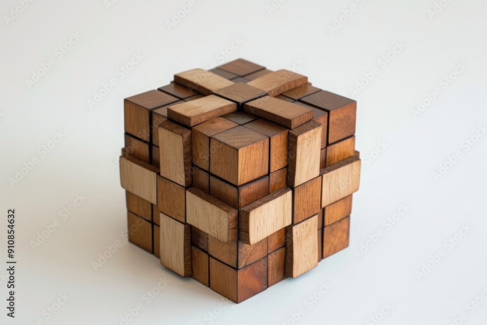 A wooden cube is placed on a plain white surface, creating a simple and minimalistic composition, Three dimensional, cube-shaped puzzle gift box, AI Generated A wooden cube is placed on a plain white surface, creating a simple and minimalistic composition, Three dimensional, cube-shaped puzzle gift box, AI Generated