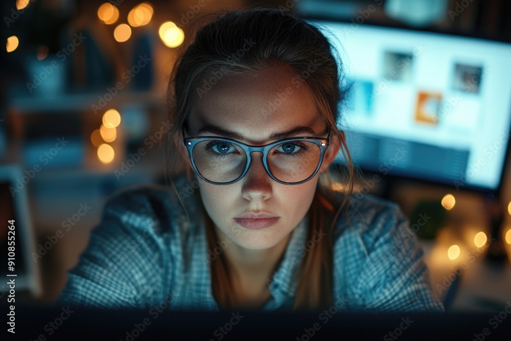 Woman looks at computer screen Woman looks at computer screen