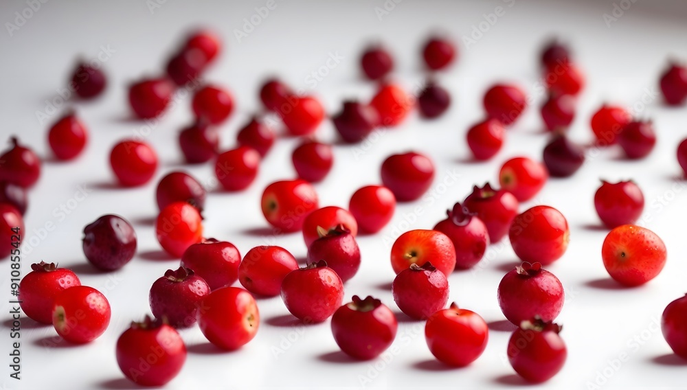 Background close-up image of red berries scattered on a white background. The red berries are plump and juicy, with a soft, velvety texture. Background close-up image of red berries scattered on a white background. The red berries are plump and juicy, with a soft, velvety texture.