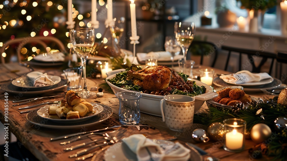 A Christmas dinner table setting with a roasted chicken, bread, and candles. A Christmas dinner table setting with a roasted chicken, bread, and candles.