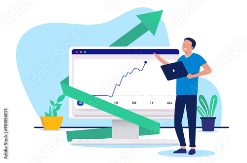 Investing success - Smiling successful investor man with computer looking at stock market chart rising and going up with green arrow. Flat design vector illustration with white background