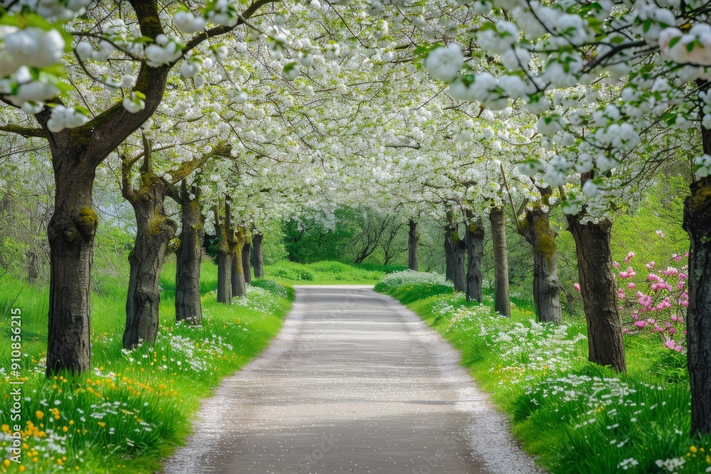 A scenic road lined with lush trees adorned with numerous white flowers creating a captivating sight, Tranquil park pathway lined by blossoming apple tree alley, AI Generated A scenic road lined with lush trees adorned with numerous white flowers creating a captivating sight, Tranquil park pathway lined by blossoming apple tree alley, AI Generated