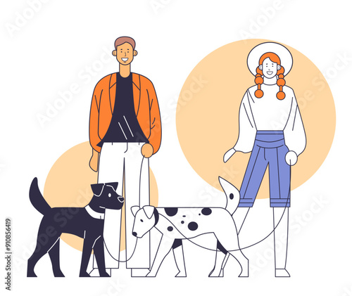 Couple walking dogs man in orange jacket woman in hat with braids two dogs on leashes minimalistic style yellow circles background