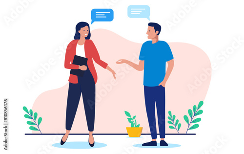 Work conversation - Two people , men and woman standing talking and having dialogue with speech bubbles above head. Flat design vector illustration with white background