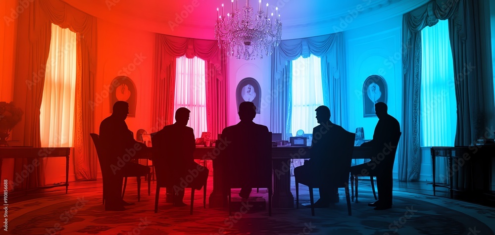 A dramatic silhouette of a meeting, bathed in vibrant colors, highlighting the intensity of discussions in a formal setting. A dramatic silhouette of a meeting, bathed in vibrant colors, highlighting the intensity of discussions in a formal setting.