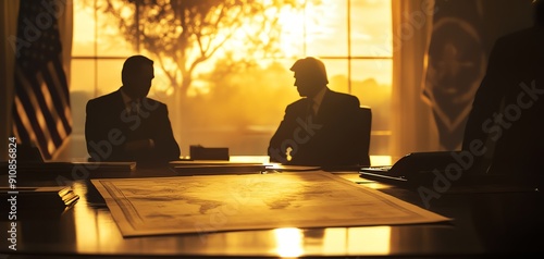 A silhouette of two professionals engaged in a serious discussion under warm sunset light, symbolizing negotiation and strategy.