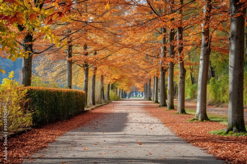 A picturesque road is lined with trees adorned in vibrant orange leaves during the autumn season, Tree-lined path during the fall season in a calm park, AI Generated A picturesque road is lined with trees adorned in vibrant orange leaves during the autumn season, Tree-lined path during the fall season in a calm park, AI Generated