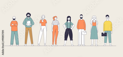 Diverse group of people standing in line wearing casual clothing in a minimalistic flat design with various poses against a neutral background in a