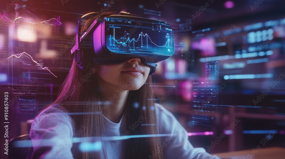 Woman Wearing VR Headset in a Tech Environment Woman Wearing VR Headset in a Tech Environment