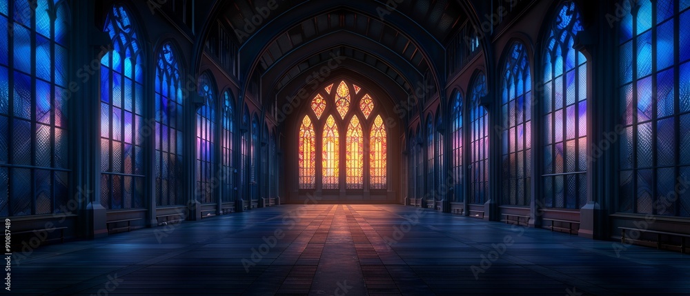 Fototapeta premium A derelict, centuriesold cathedral undergoing meticulous restoration, scaffolding surrounding intricate stained glass windows, dramatic lighting, photorealistic, intricate details, historic preservati