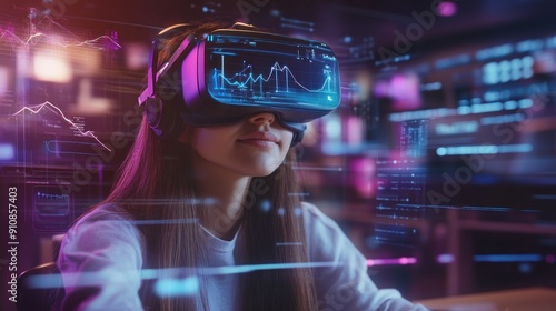 Woman Wearing VR Headset in a Tech Environment