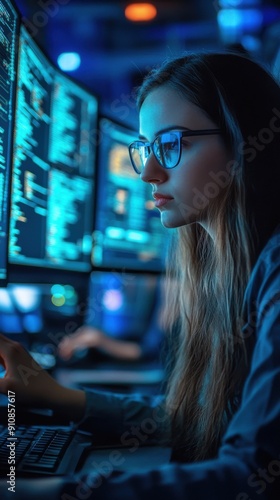 Professionals reviewing firewall configurations in a cybersecurity operations center., 