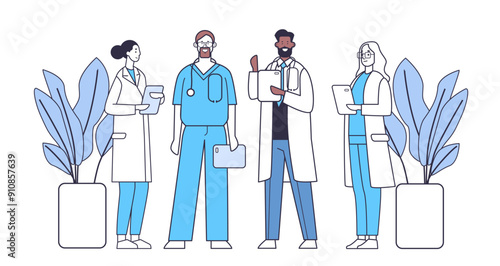 Medical team of doctors and nurses standing with medical charts and stethoscopes surrounded by plants