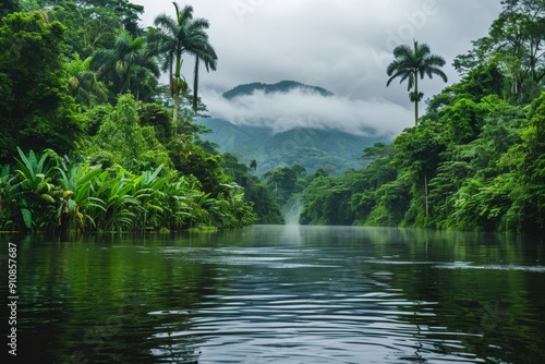 This photo captures a serene body of water surrounded by an abundance of vibrant green trees, Tropical rainforest river under overcast skies, AI Generated