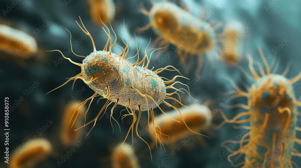 Fototapeta premium Microscopic view of bacteria with detailed structures and textures, showcasing their complex forms and highlighting the intricacies of microbiology.