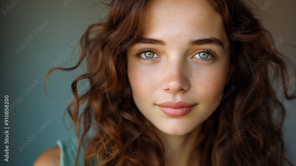 Young woman with wavy hair and clear green eyes, looking directly at the camera. Her natural beauty and serene expression create a captivating portrait. Young woman with wavy hair and clear green eyes, looking directly at the camera. Her natural beauty and serene expression create a captivating portrait.