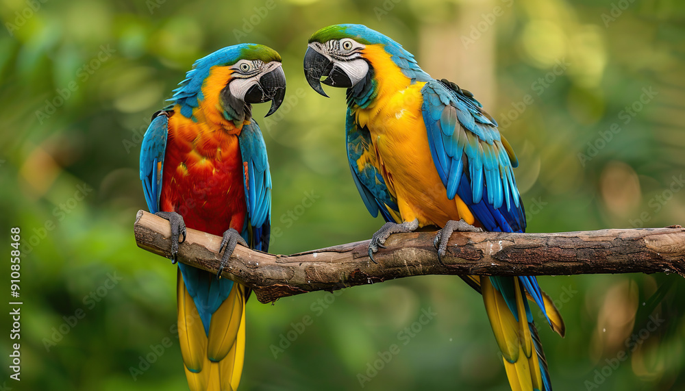 Two Beautiful plumage vibrant vivid colors Macaws Parrots standing wooden branch Two Beautiful plumage vibrant vivid colors Macaws Parrots standing wooden branch