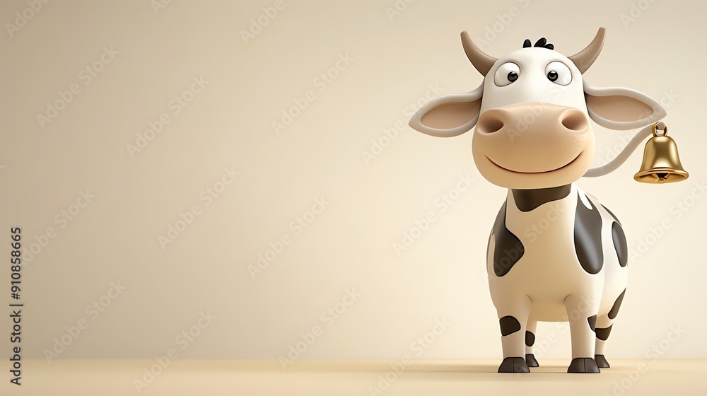 Fototapeta premium A cartoon cow with a bell on its tail, looking to the left.