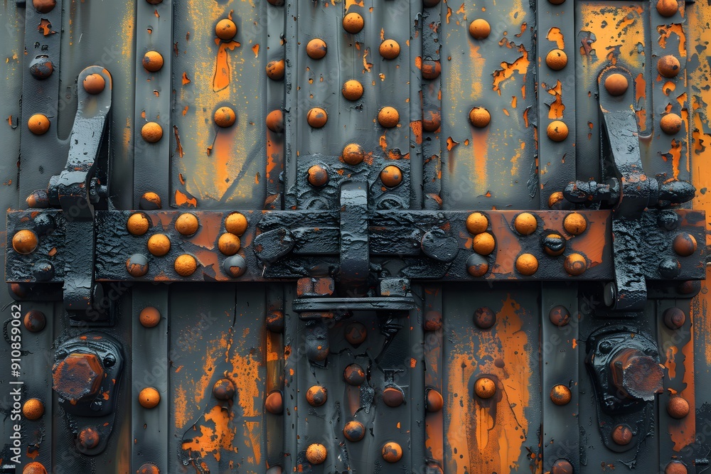 Rusted Industrial Metal Door with Rivets and Lock Mechanism for Urban Decay and Vintage Design Rusted Industrial Metal Door with Rivets and Lock Mechanism for Urban Decay and Vintage Design