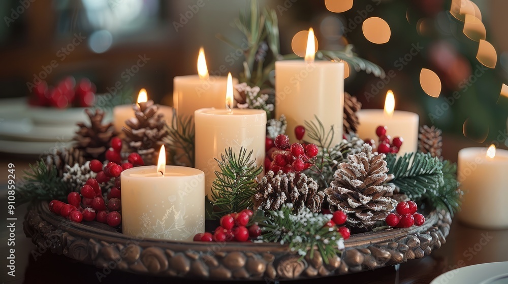 Festive centerpiece with candles, pinecones, and holly. Generative AI. Festive centerpiece with candles, pinecones, and holly. Generative AI.