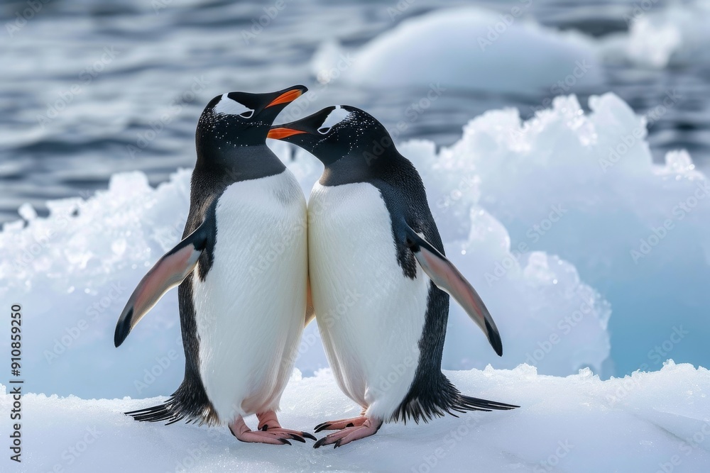 Obraz premium Two penguins standing on an ice floe and connecting their heads in an affectionate gesture, Two penguins on an ice floe forming a heart shape with their heads, AI Generated