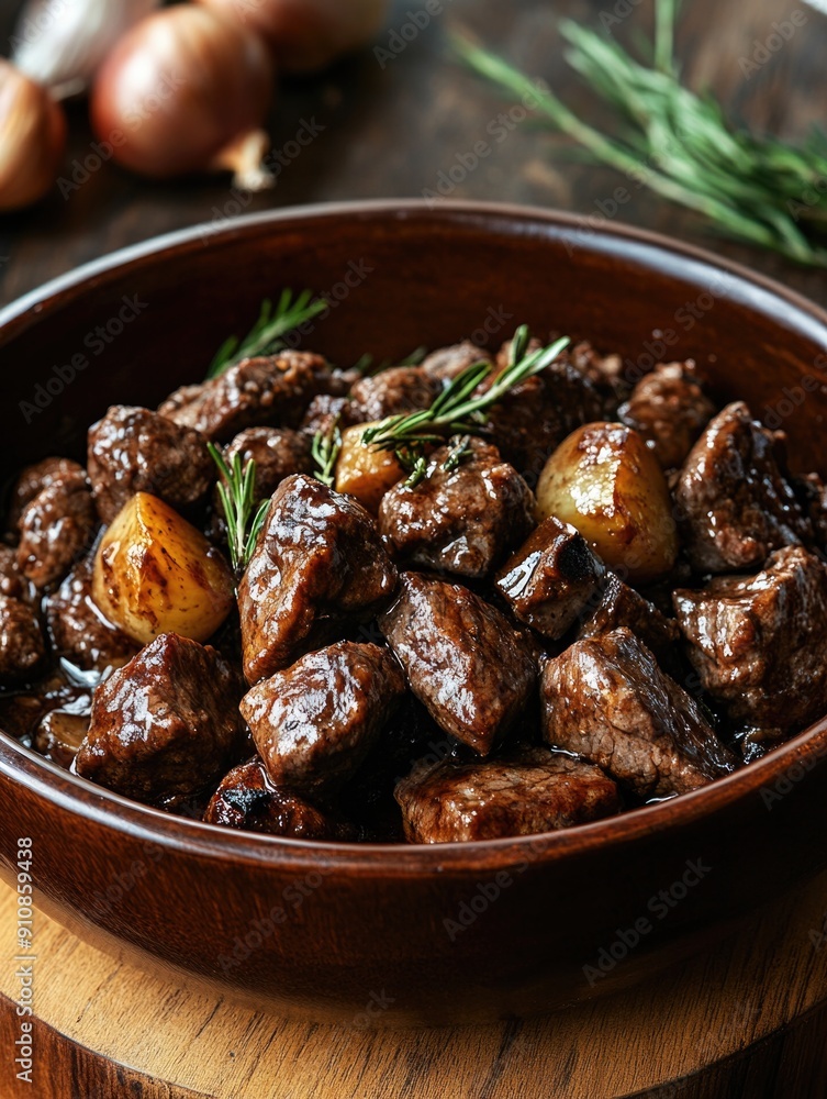 Wooden Bowl with Meat and Potatoes Wooden Bowl with Meat and Potatoes