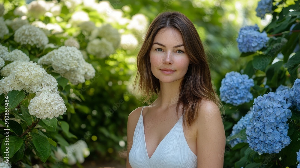 Lovely woman standing in front of a hydrangea bush with blue flowers in the garden Lovely woman standing in front of a hydrangea bush with blue flowers in the garden