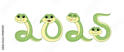 Snakes in form of numbers 2025 year. Snake is symbol of the year. Cartoon, vector