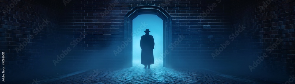 A mystical doorway hidden in a shadowy alley, guarded by an enigmatic figure, realism, dramatic lighting, intricate details, secretive atmosphere A mystical doorway hidden in a shadowy alley, guarded by an enigmatic figure, realism, dramatic lighting, intricate details, secretive atmosphere