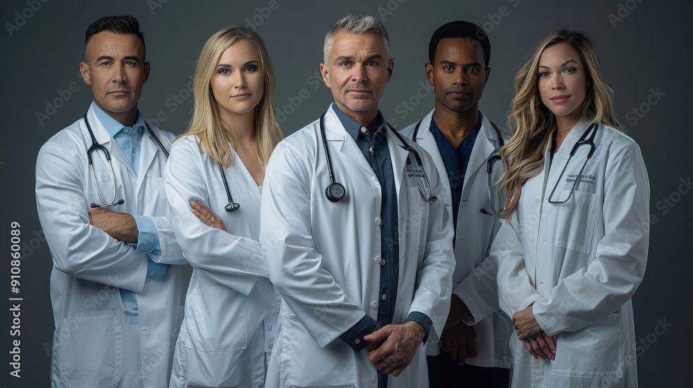 Fototapeta premium Medical staff in professional attire posing casually on a solid black background. Generative AI.