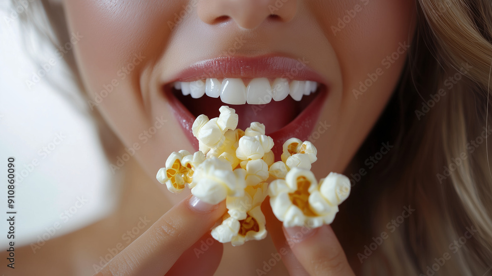 Detailed Close-Up of Female Mouth Chewing Popcorn Detailed Close-Up of Female Mouth Chewing Popcorn
