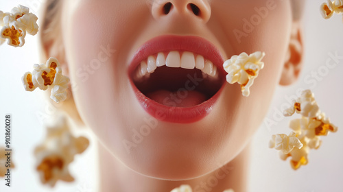 Macro View of Female Mouth Eating Popcorn photo